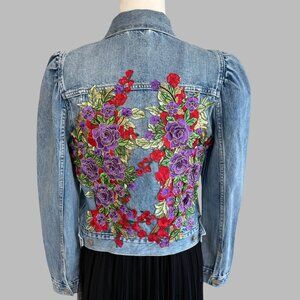 Women's denim jacket with floral embroidery size M, handmade